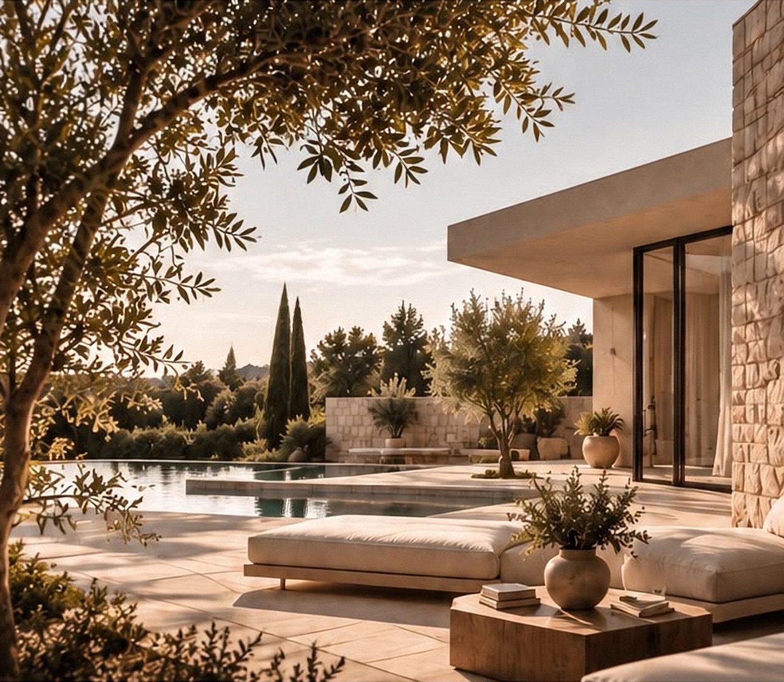 Terrasse de la villa, piscine et oliviers au soleil couchant